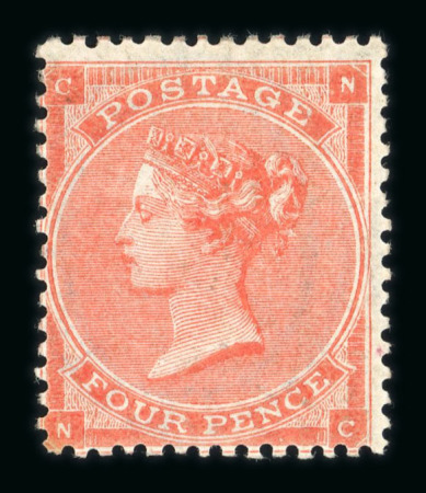 Stamp of Great Britain » 1855-1900 Surface Printed » 1862-64 Small Uncoloured Corner Letters 1862-64 Emblems 4d pale red (hair lines) NC mint with large part o.g.