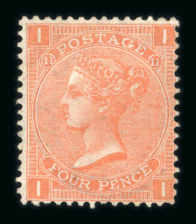 Stamp of Great Britain » 1855-1900 Surface Printed » 1865-67 Large Uncoloured Corner Letters, Wmk Large Garter & Emblems 1865-67 Large Garter 4d vermilion pl 11 II, pl 12 KC and pl 14 CH, each a fresh mint example with part o.g.