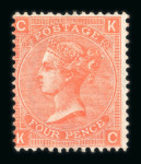 Stamp of Great Britain » 1855-1900 Surface Printed » 1865-67 Large Uncoloured Corner Letters, Wmk Large Garter & Emblems 1865-67 Large Garter 4d vermilion pl 11 II, pl 12 KC and pl 14 CH, each a fresh mint example with part o.g.