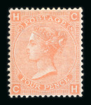 Stamp of Great Britain » 1855-1900 Surface Printed » 1865-67 Large Uncoloured Corner Letters, Wmk Large Garter & Emblems 1865-67 Large Garter 4d vermilion pl 11 II, pl 12 KC and pl 14 CH, each a fresh mint example with part o.g.