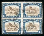 Stamp of South Africa » Union & Republic of South Africa 1930-44 1s Wildebeest block of four, the top left stamp displaying variety "twisted horn flaw", used