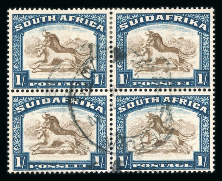 Stamp of South Africa » Union & Republic of South Africa 1930-44 1s Wildebeest block of four, the top left stamp displaying variety "twisted horn flaw", used