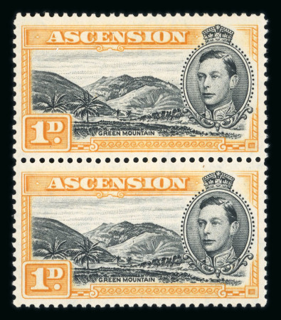 Stamp of Ascension 1938-53 1d black and yellow-orange perf. 13 1/2 in mint n.h. vertical pair with the 'Mountaineer' flaw