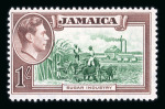 Stamp of Jamaica 1938-52 1/- green and purple-brown mint, with the 'Repaired chimney' variety