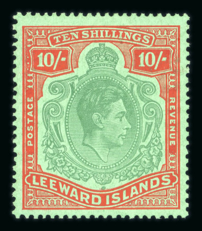 Stamp of Leeward Islands 1938-51 10/- deep green and deep vermilion on green mint with the scarce 'Missing pearl' variety