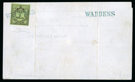 Stamp of German States » Oldenburg 1855, 1/3 Gr. Black on green, with neatly placed blue single line "WADDENS" on complete printed matter