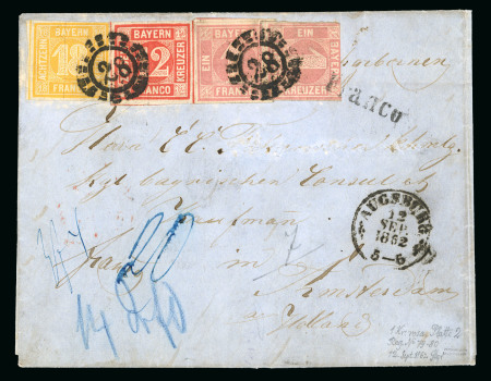 Stamp of German States » Bavaria 1862, 1 Kr rose from the rare plate 2 (showing sharp corners), two singles together with 12 Kr and 18 Kr yellow on entire letter to Netherlands