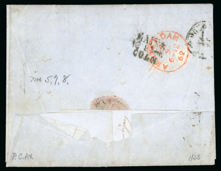 1862, 1 Kr rose from the rare plate 2 (showing sharp corners), two singles together with 12 Kr and 18 Kr yellow on entire letter to Netherlands