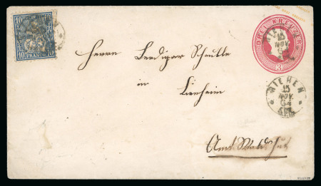 Stamp of German States » Baden 1862-63 Baden 3 Kreuzer red postal stationery envelope, small format with additional franking of Switzerland Sitting Helvetia 10 Rp. blue