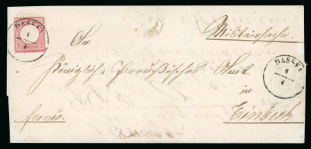Stamp of Germany » German Empire 11872, 1 Groschen red (very fine), tied by DASSEL  1.1 (1872) date stamp of the first day of issue.