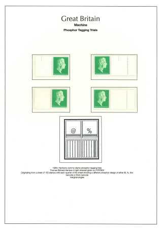 Stamp of Great Britain » Queen Elizabeth II 1984ca. Harrison & Sons phosphor tagging trial on perforated dummy stamps of Thomas Richard Harrison (4)