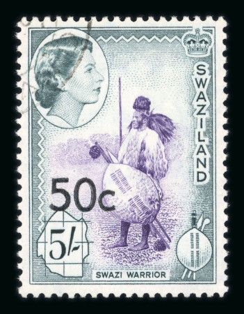 Stamp of Swaziland 1961 New Currency 50c type III surcharge on 5s and R2 type III surcharge on £1, both neatly used with cds