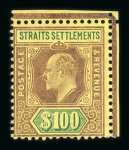 Stamp of Malaysia » Straits Settlements 1904-10 $100 purple & green on yellow mint l.h. top right corner marginal