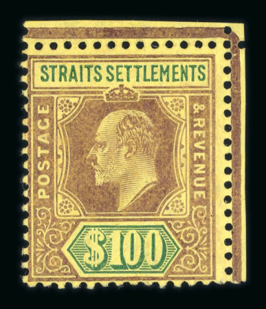 Stamp of Malaysia » Straits Settlements 1904-10 $100 purple & green on yellow mint l.h. top right corner marginal