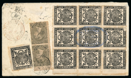 Stamp of South Africa » Transvaal » 1882-97 Second Republic 1883 (Mar) envelope from stamp dealer E. Tamsen sent registered to the Netherlands, franked on the reverse with block of nine 1883 1d black
