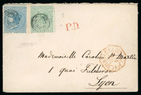 Stamp of Mauritius » 1860-72 De La Rue Issues (SG 46-72) 1868 envelope Marre d'Albert to Lyon, franked with 2d and 6d