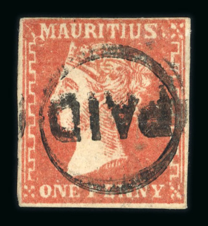 Stamp of Mauritius » 1859 Dardenne Issue (SG 41-44) 1859 1d in rare deep red shade, cancelled by complete PAID