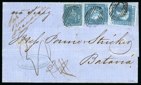 Stamp of Mauritius » 1859 Lapirot Issue » Early Impressions (SG 36-37) 1859 Lapirot 2d deep blue, early impression, two examples in combination with Britannia 6d on cover to Batavia