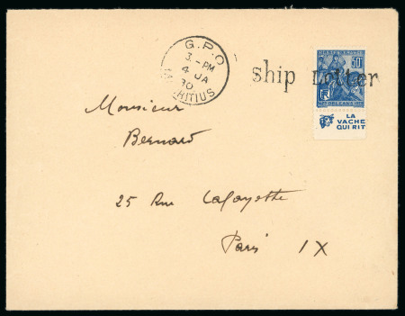 Stamp of Mauritius » Later Issues 1930 shipletter/paquebot to Paris franked with French 50c with ship letter cancel