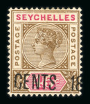 Stamp of Seychelles 1896 surcharge 18 cents on 45c brown and carmine, two