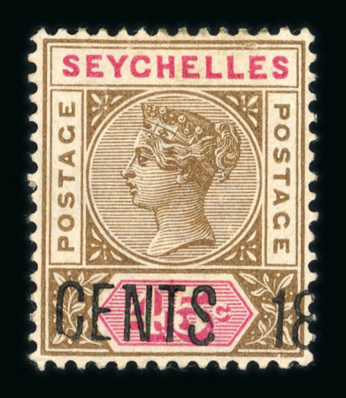 Stamp of Seychelles 1896 surcharge 18 cents on 45c brown and carmine, two