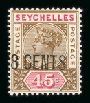 Stamp of Seychelles 1896 surcharge 18 cents on 45c brown and carmine, two