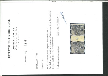 Stamp of Colonies françaises » Monaco 1919, Monaco, Orphelins Y&T n°32, 1f + 1f en paire