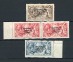 Stamp of Ireland » 1927-28 Wide Date Overprints (T72-T74) 2s6d chocolate, 5s rose-red and 10s dull grey-blue, mint and mint nh singles all showing flat-tailed 9 varieties