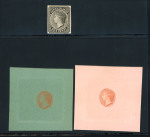 Stamp of Turks and Caicos Islands 1867 1d plate proof in black on thick paper, plus two reprinted die proofs of the Queen's head