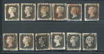 Stamp of Great Britain » 1840 1d Black and 1d Red plates 1a to 11 1840 1d black pl.1b group of 12 fine 4 margin examples on card, 8 with red, 4 with black MC.