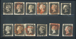 Stamp of Great Britain » 1840 1d Black and 1d Red plates 1a to 11 1840 1d black pl.1b an attractive group of 12 fine 4 margin examples on card.