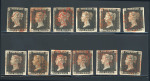 Stamp of Great Britain » 1840 1d Black and 1d Red plates 1a to 11 1840 1d black pl.1b range of 12 fine examples on card, each with 4 margins and red MC.