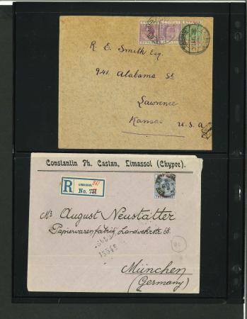 Stamp of Cyprus 1914-23 collection of 48 GV covers and 4 cards on pages, to Germany, UK, USA etc, many are printed advertising covers and we note an excellent variety of frankings,