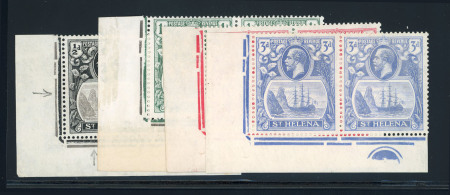 Stamp of St. Helena 1922-37 Multi Script CA 1/2d, 1d, 1 1/2d and 3d in mint lower left corner marginal plate 1 pairs with 'Cleft rock' variety