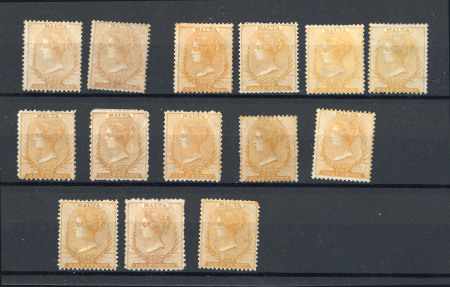 Stamp of Malta 1860-83 group of 1/2d 'yellows' on card with 1860 no wmk (2, unused) and 1863 CC (12, unused or regummed)