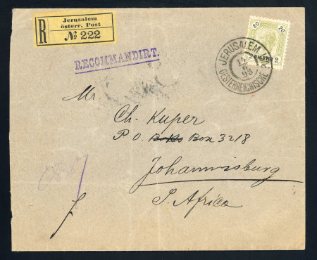 Stamp of Palestine and Holy Land » Palestine Austrian Levant Offices Austrian Post offices abroad, JERUSALEM - JOHANNESBURG, registered letter