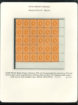 Stamp of Great Britain » King Edward VII » 1911 Harrison & Sons Issues 1911 4d. bright orange, Pl. 6a, corner marginal block