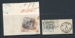 Stamp of Romania » United Principalities 1862-1864 30 parale blue handstruck stamps on fragments cancelled by FRANCO BACEU in black and red