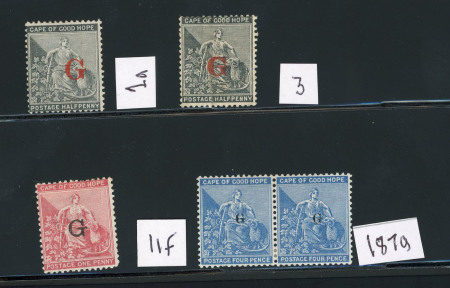 Stamp of South Africa » Griqualand West 1877-79 small mint group on card with 1/2d SG 4a and 4c (unused, creased), 1d SG 11f and 1879 4d in pair