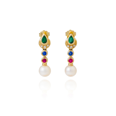 Stamp of Feldman International Auctions Boucles d'oreilles multicolores, diamants et perles, or jaune 585