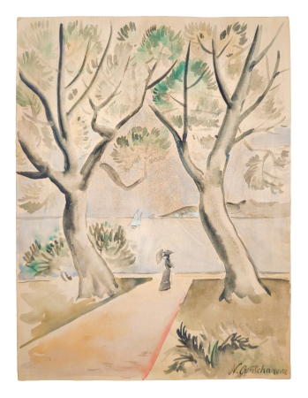 Stamp of Feldman International Auctions » Art Impressionniste & Moderne / Impressionist & Modern Art N. GONTCHAROVA Promenade au bord de la mer 31.5cmx 23.7cm