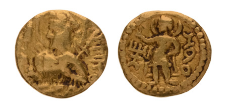 Kushanas, Huvishka, c. 151-192, AV quarter dinar, 1.59 g. Mao.