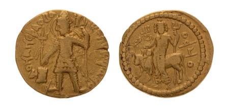 Kushanas, Vasudeva I, c. 190-230, AV dinar, 7.69 g.Oesho Bull