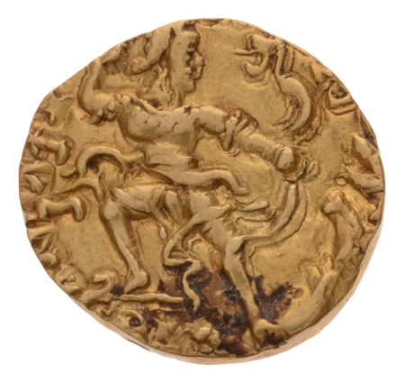 Gupta Empire, Chandragupta II, c. 380-413, AV dinar, 7.78 g. Lion slayer.