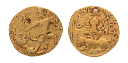 Gupta Empire, Chandragupta II, c. 380-413, AV dinar, 7.58 g. Lion slayer.