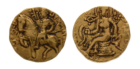 Gupta Empire, Chandragupta II, c. 380-413, AV dinar, 7.68 g. Horseman.