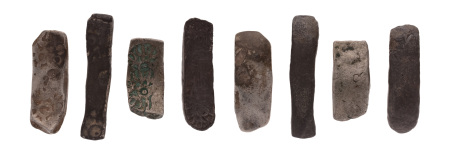 India, Gandhara Janapada, archaic silver punchmarked bent bar. 4 bars.