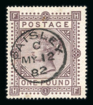 Stamp of Great Britain » 1855-1900 Surface Printed » 1867-83 High Values 1867-83 £1 brown-lilac pl.1 HF, wmk MC, beautifully cancelled by a crisp Paisley MY 121882 cds