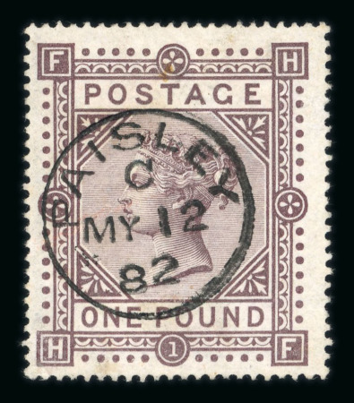 Stamp of Great Britain » 1855-1900 Surface Printed » 1867-83 High Values 1867-83 £1 brown-lilac pl.1 HF, wmk MC, beautifully cancelled by a crisp Paisley MY 121882 cds