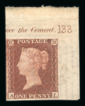 Stamp of Great Britain » 1841 1d Red 1841 1d Red brown pl.133 AL top right hand corner marginal imperforate imprimatur